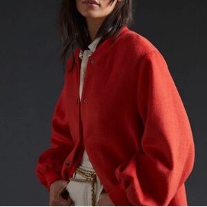 Anthropologie DRA Red/Orange Wool Blend Puff Balloon Sleeve Button-Up Coat